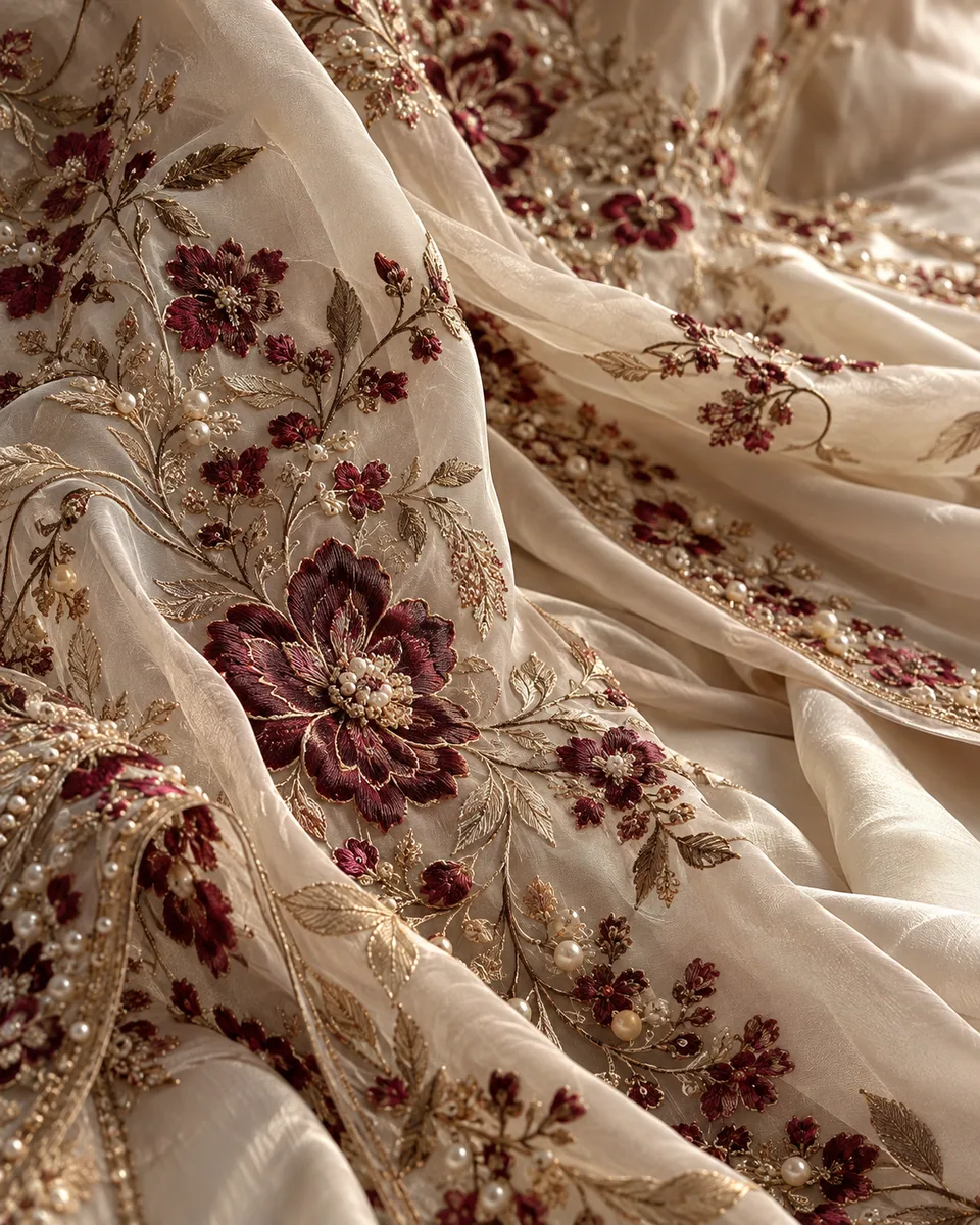 Concept imagery of gold and burgundy floral embroidery on ivory fabric