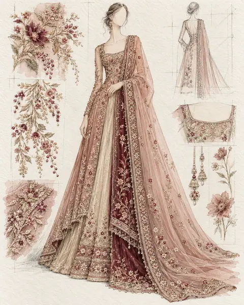 Illustrative fashion sketch with a flowing embroidered ensemble